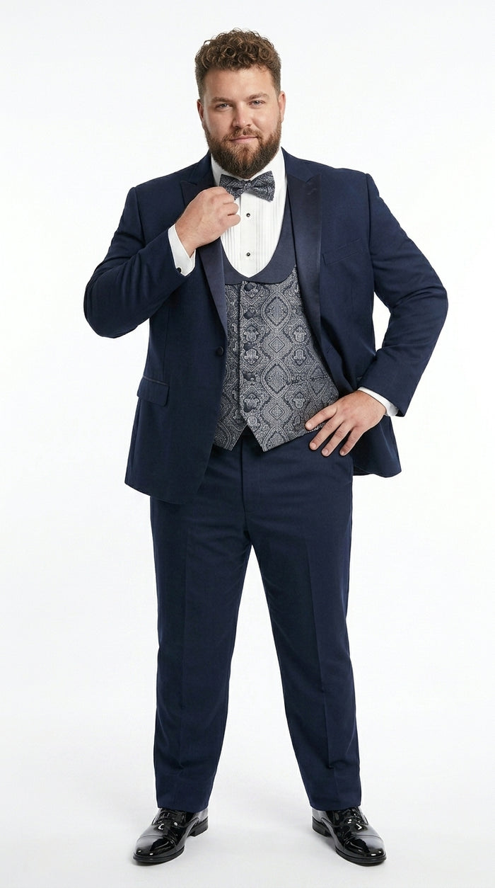 Men’s Indigo Blue One Button Shawl Tuxedo with Paisley Vest, Formal Wedding Prom Dinner Suit Set