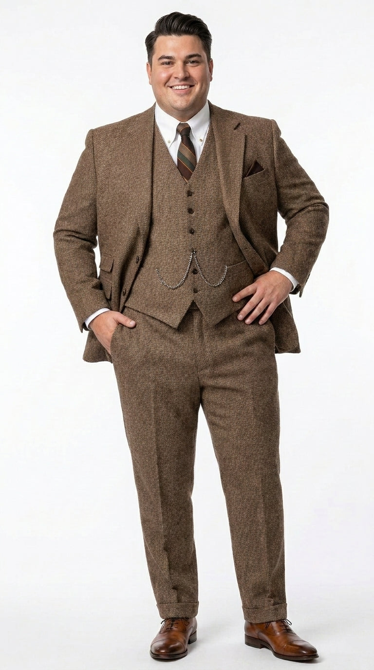 Men’s Light Brown Tweed Herringbone 3 Piece Great Gatsby Suit, Vested Vintage Wedding Formal Suit Set