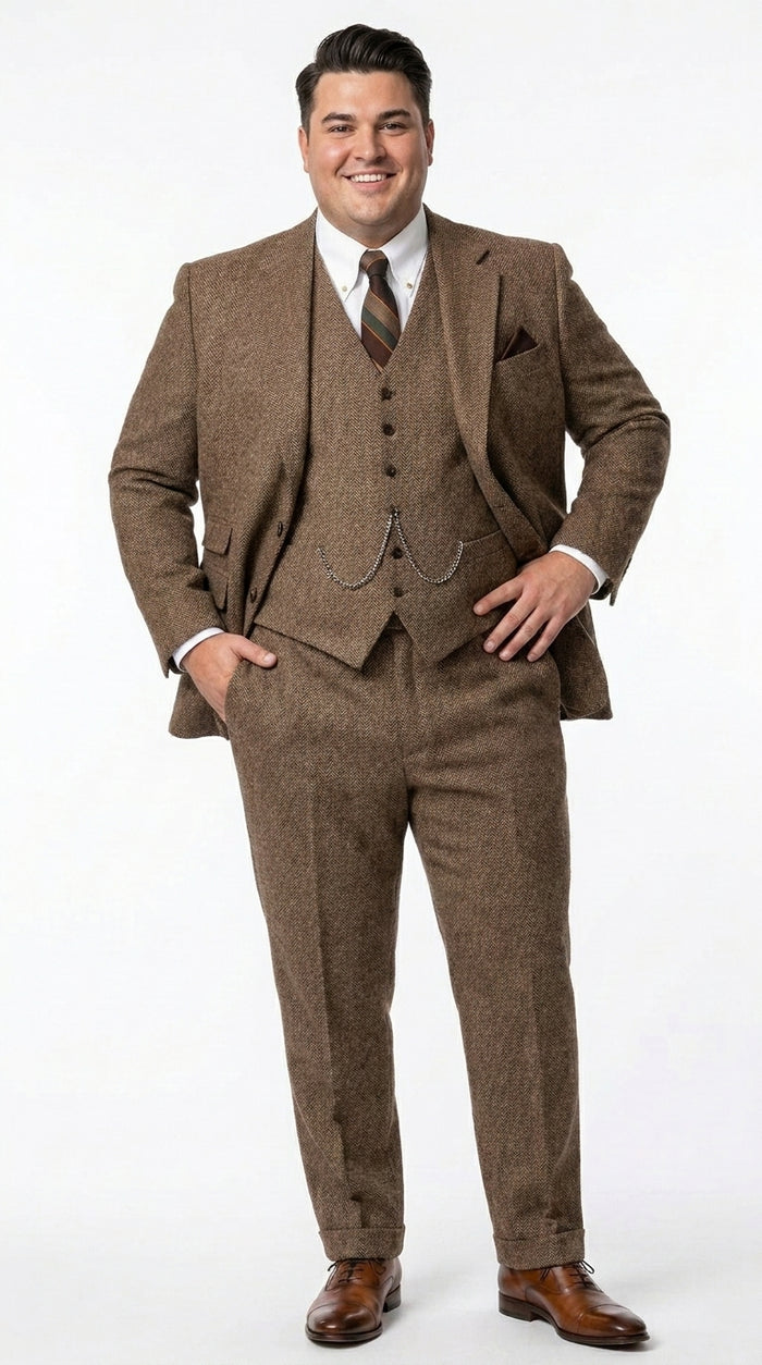 Men’s Light Brown Tweed Herringbone 3 Piece Great Gatsby Suit, Vested Vintage Wedding Formal Suit Set