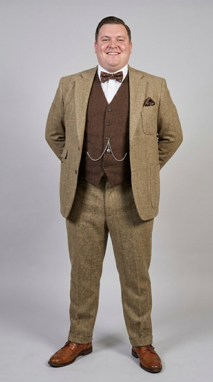 Men’s Taupe Great Gatsby Style 3 Piece Vested Suit, Vintage Wedding Prom Formal Suit Set