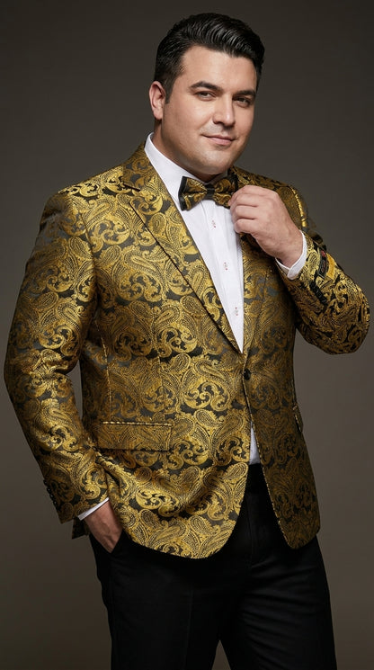 Men’s Gold Paisley Dinner Jacket Blazer – Fancy Formal Wedding Prom Party Tuxedo Jacket