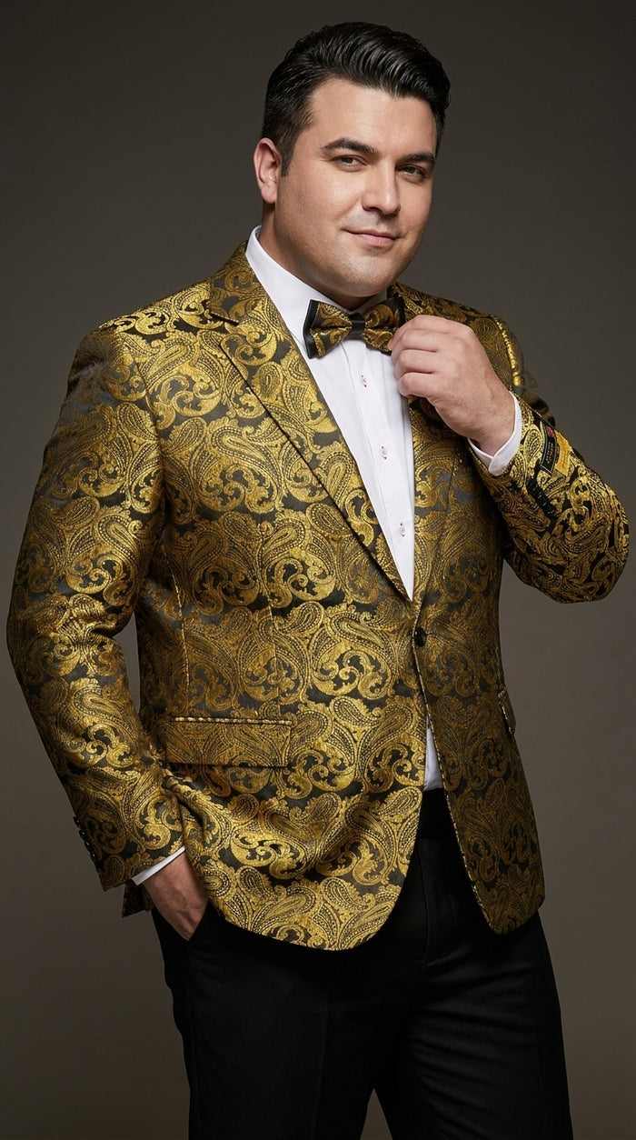 Men’s Gold Paisley Dinner Jacket Blazer – Fancy Formal Wedding Prom Party Tuxedo Jacket