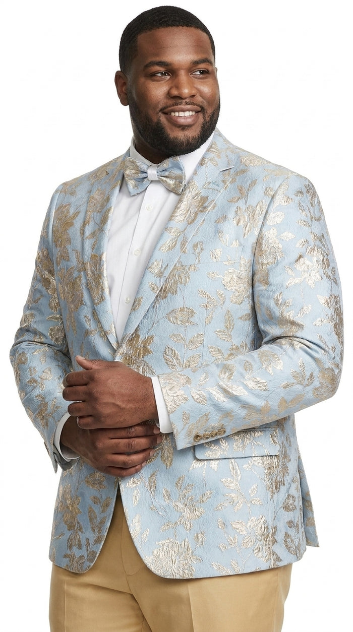Men’s Sky Blue and Silver Foil Paisley Blazer, 2 Button Prom Wedding Party Dinner Jacket