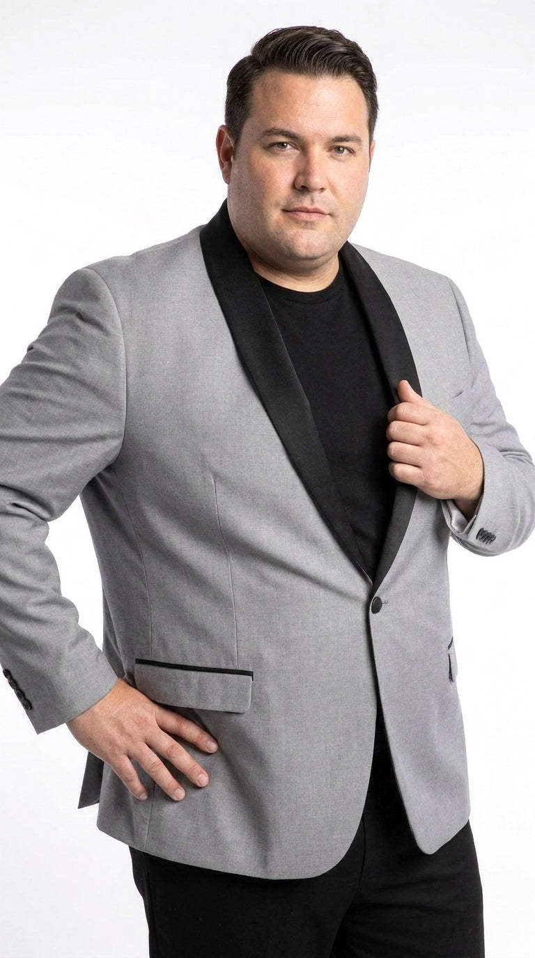 Men’s Light Grey Wool Dinner Jacket, 1 Button Black Shawl Lapel Formal Tuxedo Blazer