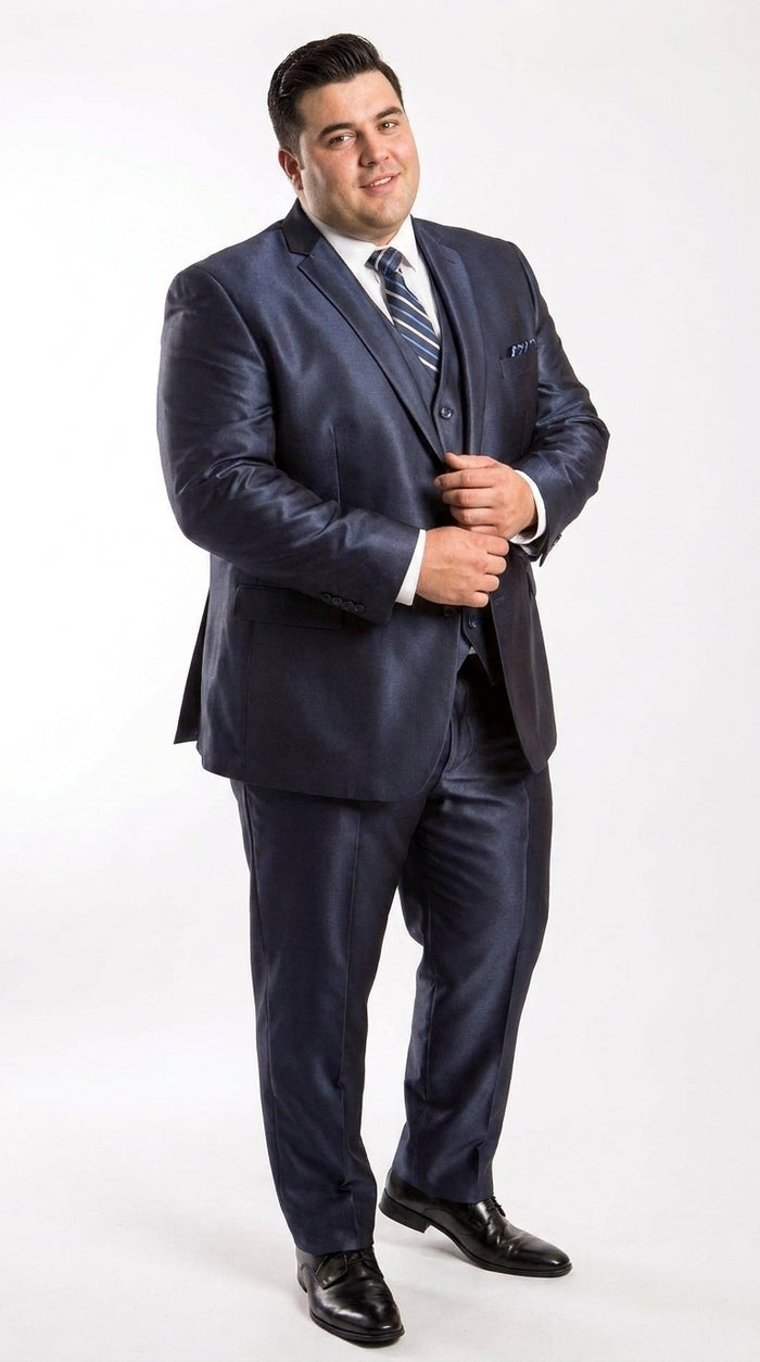 Men’s Navy Shiny Sharkskin Vested Suit, Tazio Formal Wedding Prom Dress Suit