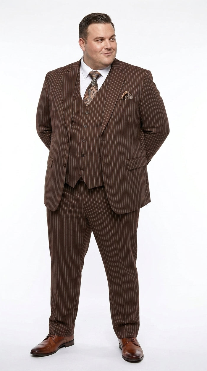 1920s Brown Pinstripe Suit for Men – 3 Piece Vintage Gangster Costume with Vest | Wide Pinstripe Classic Fit