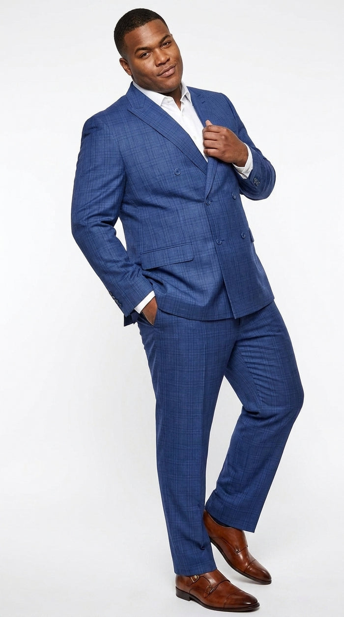 Men’s Royal Blue Plaid Double-Breasted Suit – 1920s Gangster Windowpane Wedding and Formal Suit