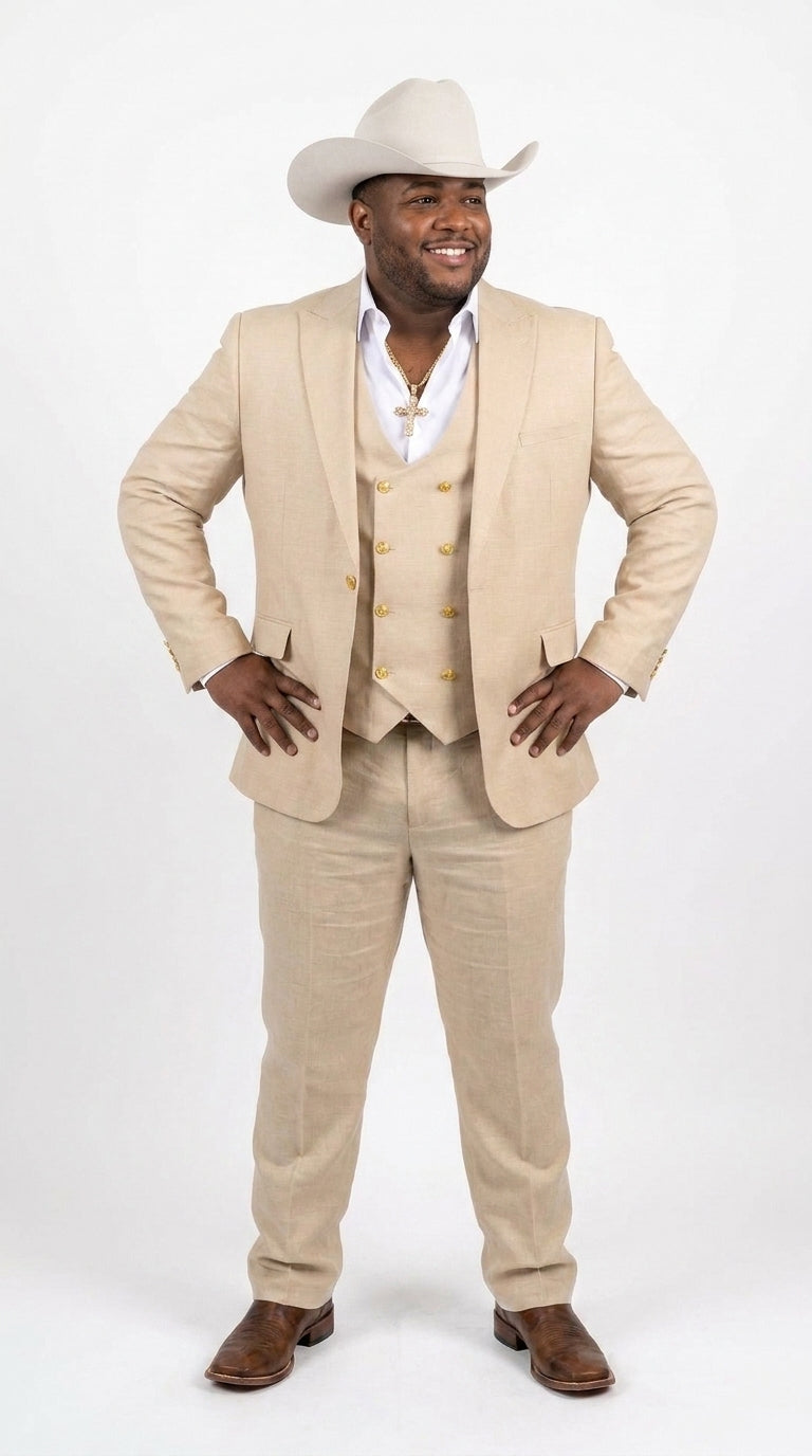 Men’s Light Beige 3-Piece Suit – Peak Lapel Jacket, Double-Breasted Vest and Matching Pants