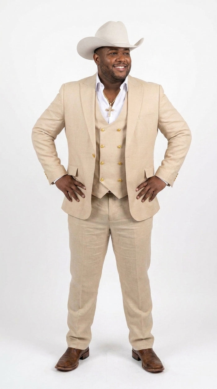 Men’s Light Beige 3-Piece Suit – Peak Lapel Jacket, Double-Breasted Vest and Matching Pants