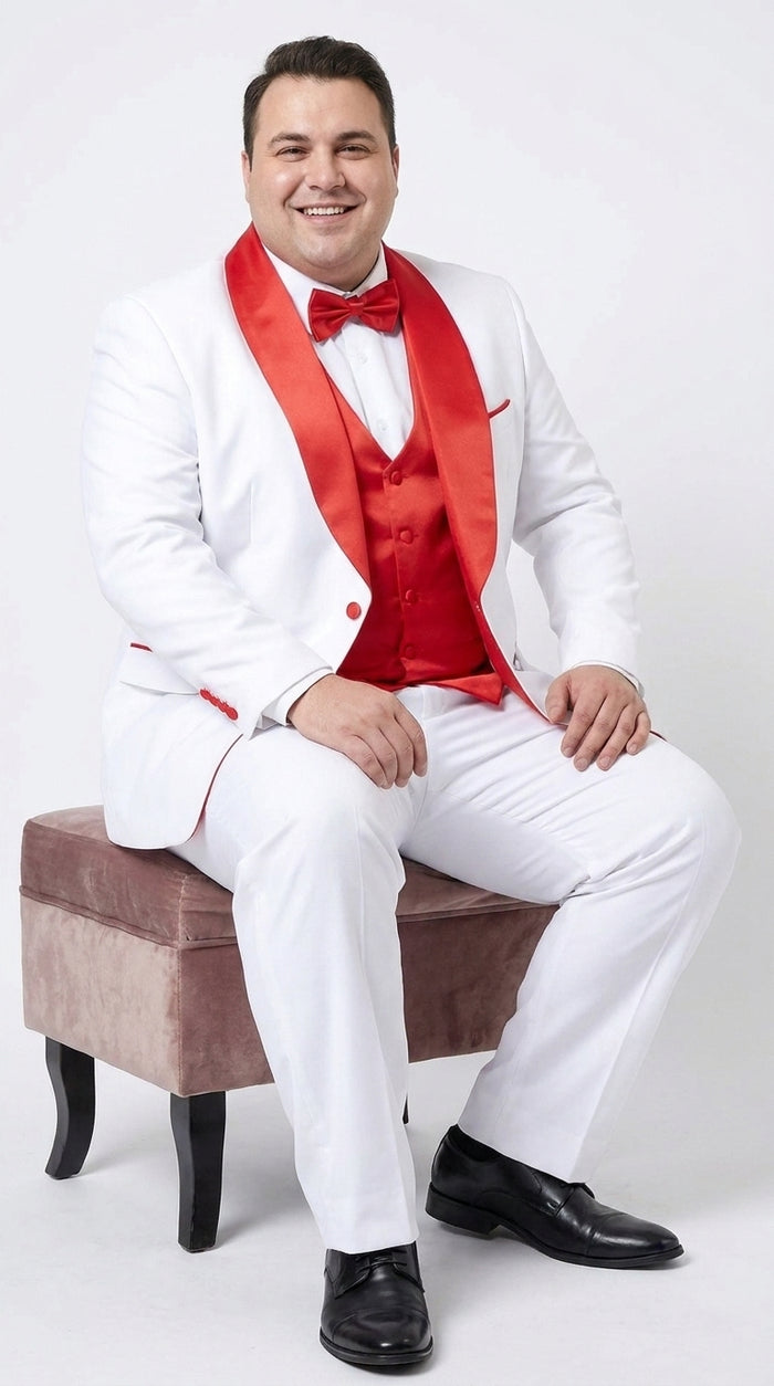 Men’s White and Red 3-Piece Tuxedo – One-Button Shawl Lapel Wedding, Prom and Formal Suit with Vest