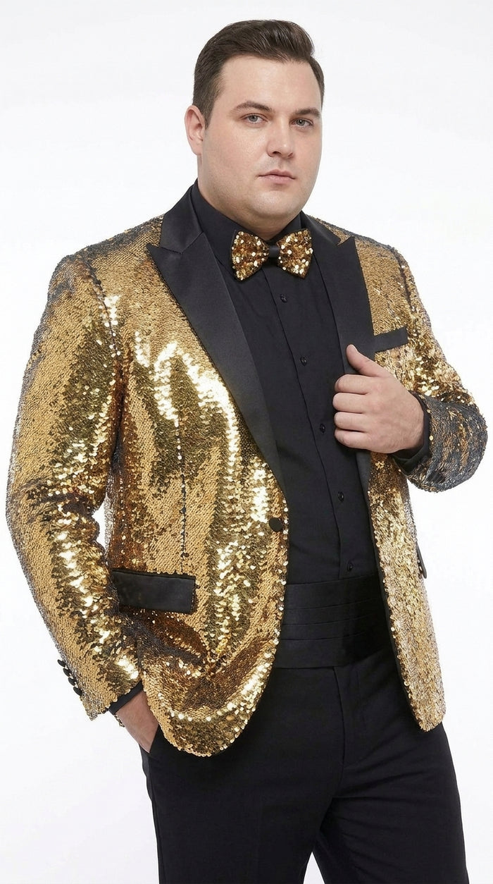 Men’s Gold and Black Sequin Tuxedo Jacket – Christmas, New Year, Prom and Party Dinner Blazer