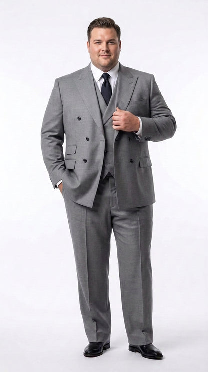 Tiglio Rosso Men’s Gray Super 150’s Italian Wool 3-Piece Suit – Double-Breasted Jacket, Vest and Wide-Leg Pants
