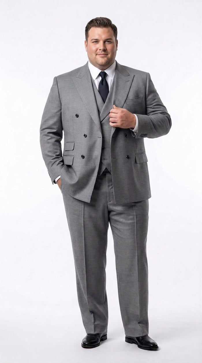 Tiglio Rosso Men’s Gray Super 150’s Italian Wool 3-Piece Suit – Double-Breasted Jacket, Vest and Wide-Leg Pants