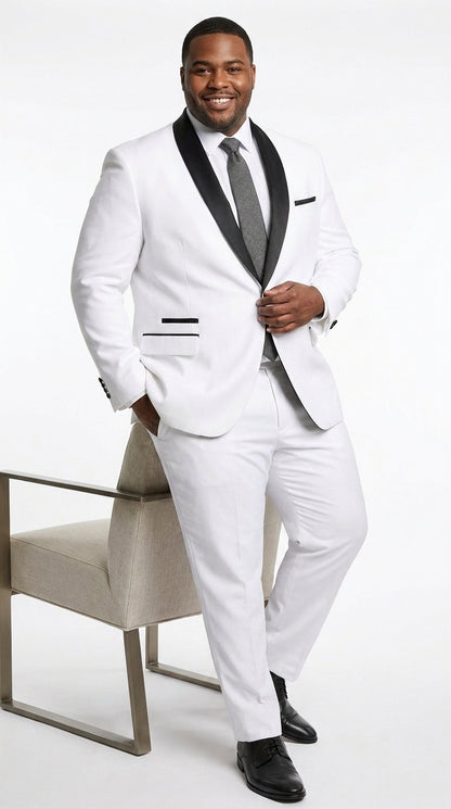 Men’s White 1-Button Shawl Lapel Tuxedo Jacket – Black Trim Wedding, Prom and Formal Dinner Blazer