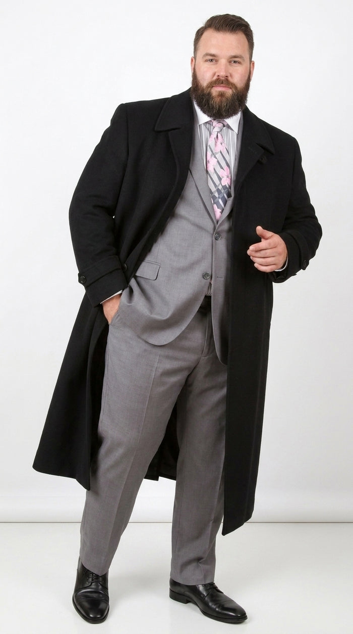 Men’s Black 100% Wool Gabardine Full-Length Overcoat – Wide Lapel Formal Top Coat