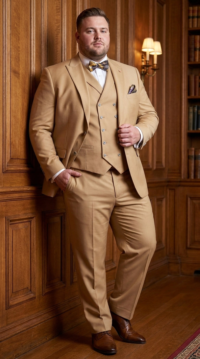 Men’s Camel 100% Wool 3-Piece Suit – One-Button Notch Lapel Suit with Double-Breasted Vest and Wide-Leg Pants