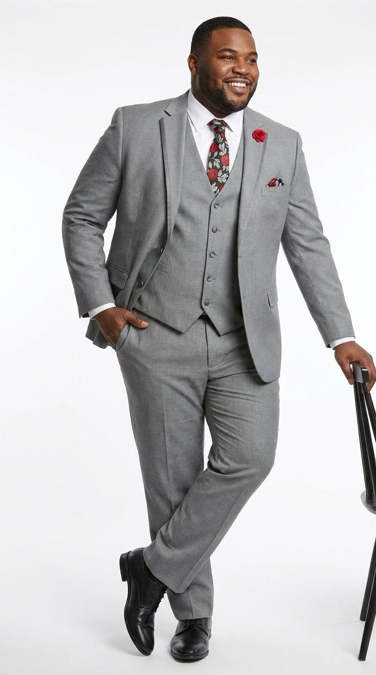 Men’s Grey Trim Tuxedo Suit – Vested Wedding, Prom and Formal Suit with Black Lapel Accents