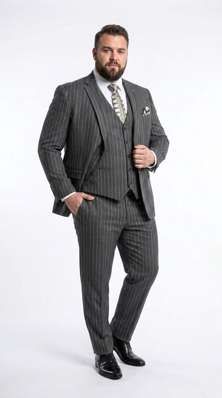 Men’s 3-Piece Gangster Pinstripe Suit – 2-Button Vintage Suit in Black, Grey or Burgundy
