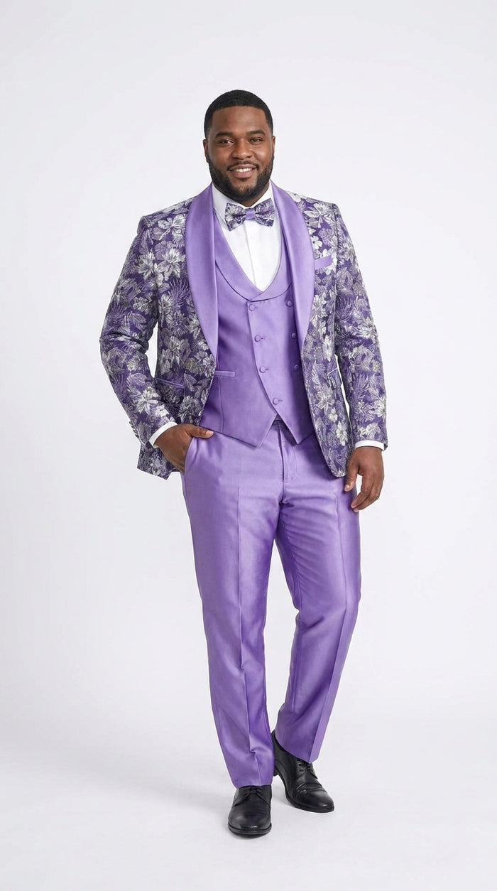 Men’s Purple Floral Prom Tuxedo – Shawl Lapel 3-Piece Wedding and Formal Suit