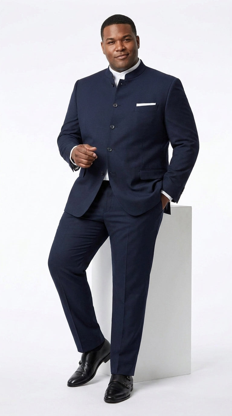 Men’s Dark Navy Blue Mandarin Collar Suit, Banded Collar Formal Wedding Business Dress Suit