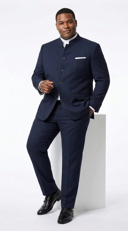 Men’s Dark Navy Blue Mandarin Collar Suit, Banded Collar Formal Wedding Business Dress Suit