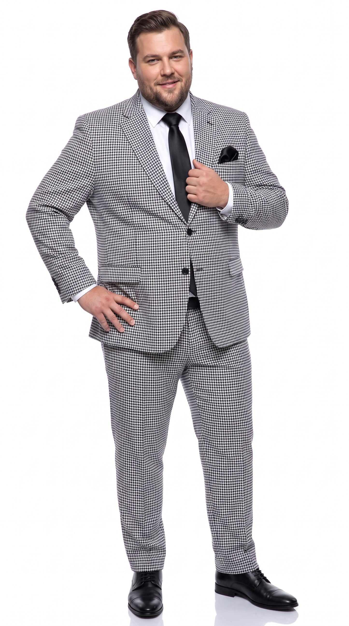 Rossi Man MAX RM1710 Men’s Black and White Houndstooth 3 Piece Suit, Modern Formal Dress Suit