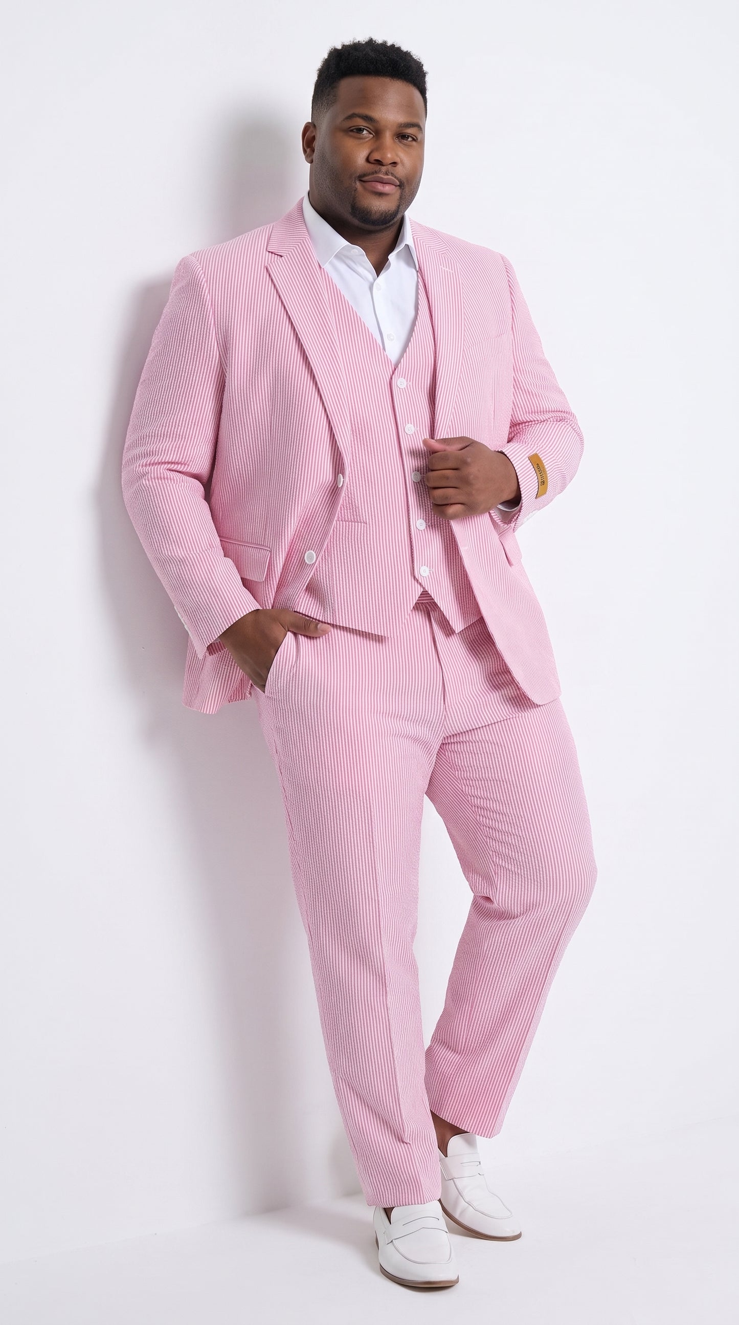Men’s Red Pinstripe Seersucker Suit – 2 Piece Summer Suit Jacket and Pants