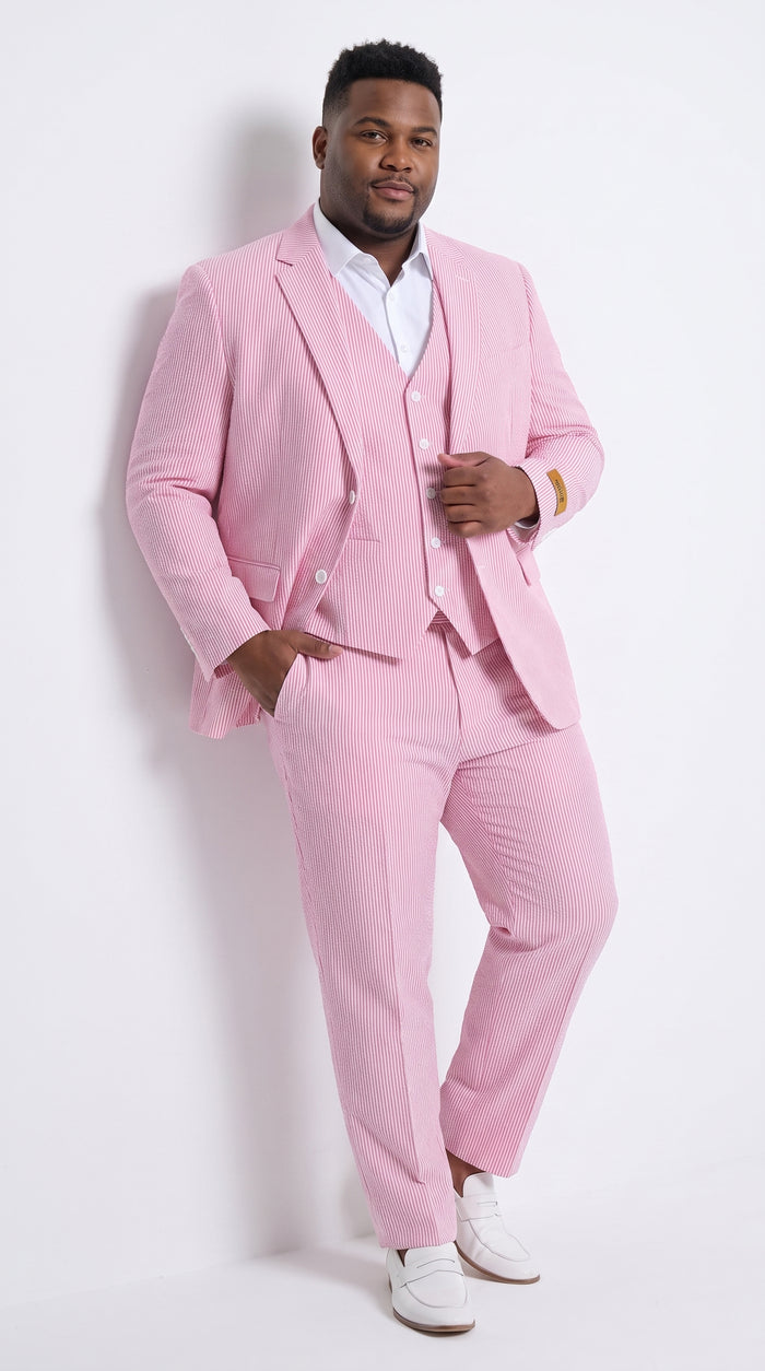 Men’s Red Pinstripe Seersucker Suit – 2 Piece Summer Suit Jacket and Pants