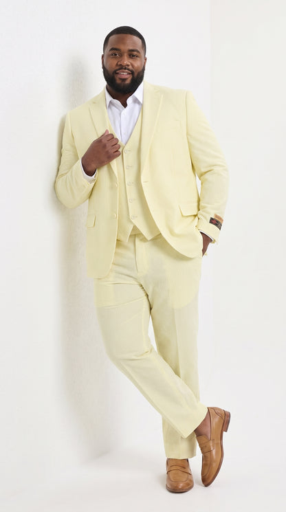Men’s Yellow Pinstripe Seersucker Suit – 2 Piece Summer Suit Jacket and Pants