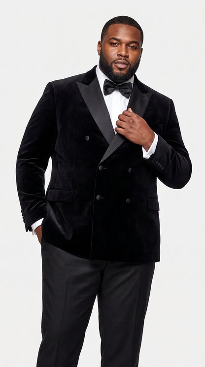 Men’s Black Velvet Double Breasted Tuxedo Blazer with Satin Peak Lapel, Formal Dinner Jacket