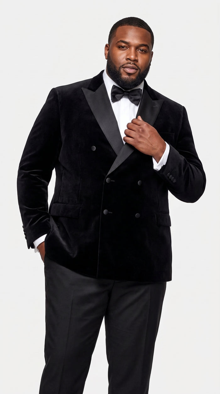 Men’s Black Velvet Double Breasted Tuxedo Blazer with Satin Peak Lapel, Formal Dinner Jacket
