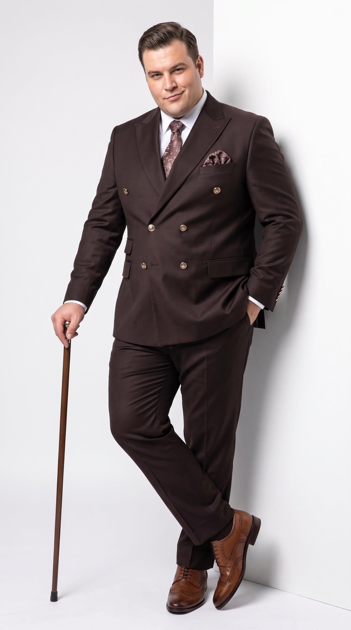 Men’s Brown Double Breasted Suit with Gold Buttons, Designer Formal Wedding Business Suit