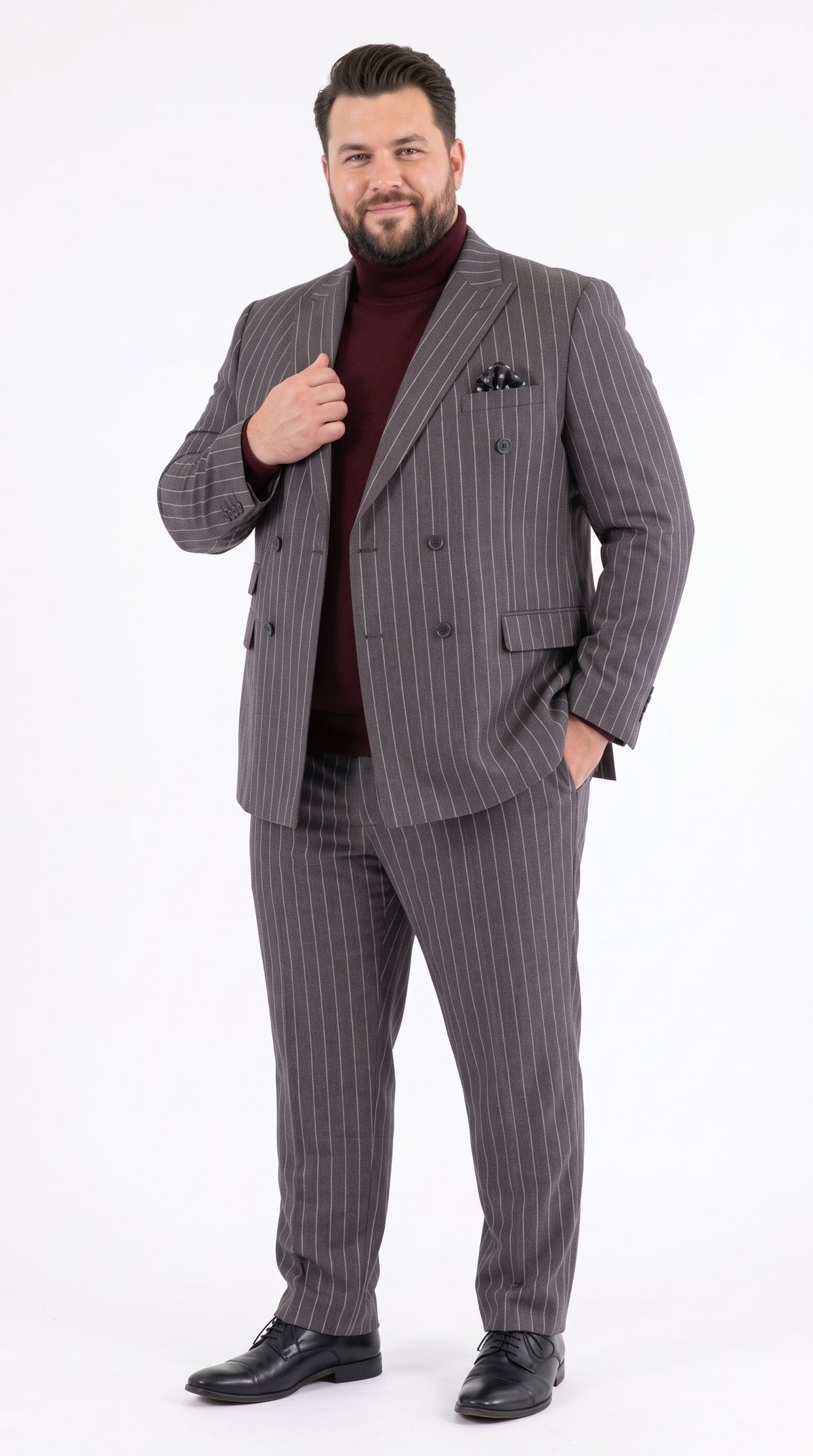 Newbury Men’s Gray Pinstripe Double Breasted Suit, Peak Lapel Formal Wedding Business Suit