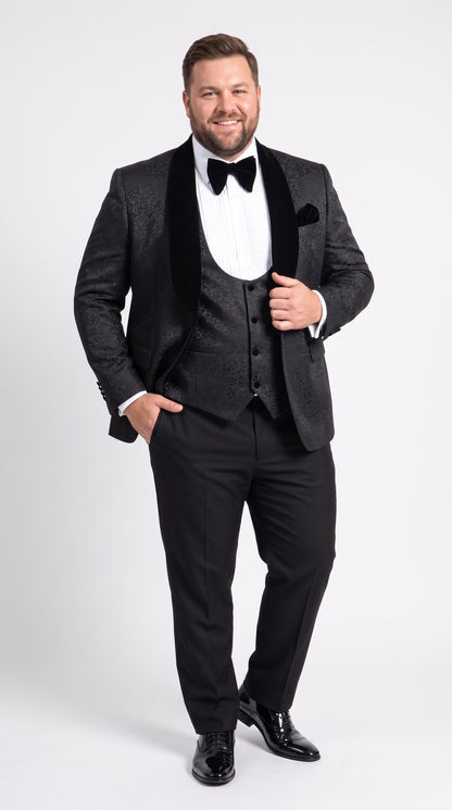 Rossi Man RM1446 Men’s Black Floral Jacquard 3 Piece Smoking Tuxedo Suit, Velvet Shawl Lapel Wedding Prom Suit