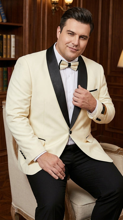 Men’s Ivory Prom Tuxedo Dinner Jacket, Black Shawl Lapel Formal Wedding Blazer