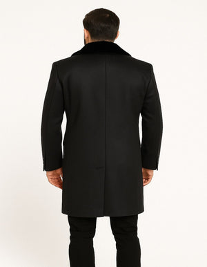 Mens Black Double-Breasted Overcoat with Faux Fur Collar and Gold Buttons