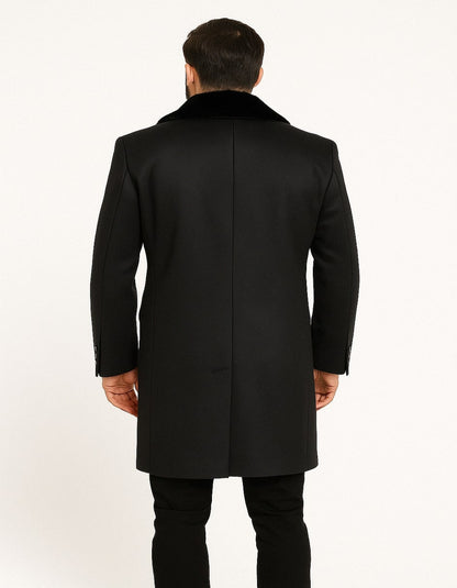 Mens Black Double-Breasted Overcoat with Faux Fur Collar and Gold Buttons