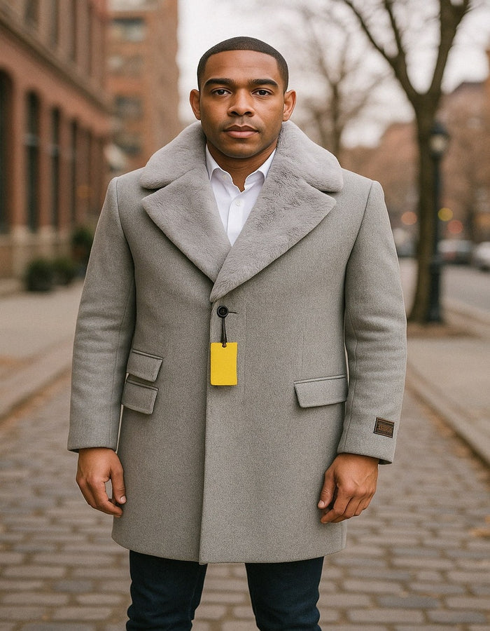 Mens Grey Wool Overcoat with Plush Faux Fur Shawl Collar  Winter Luxury Coat