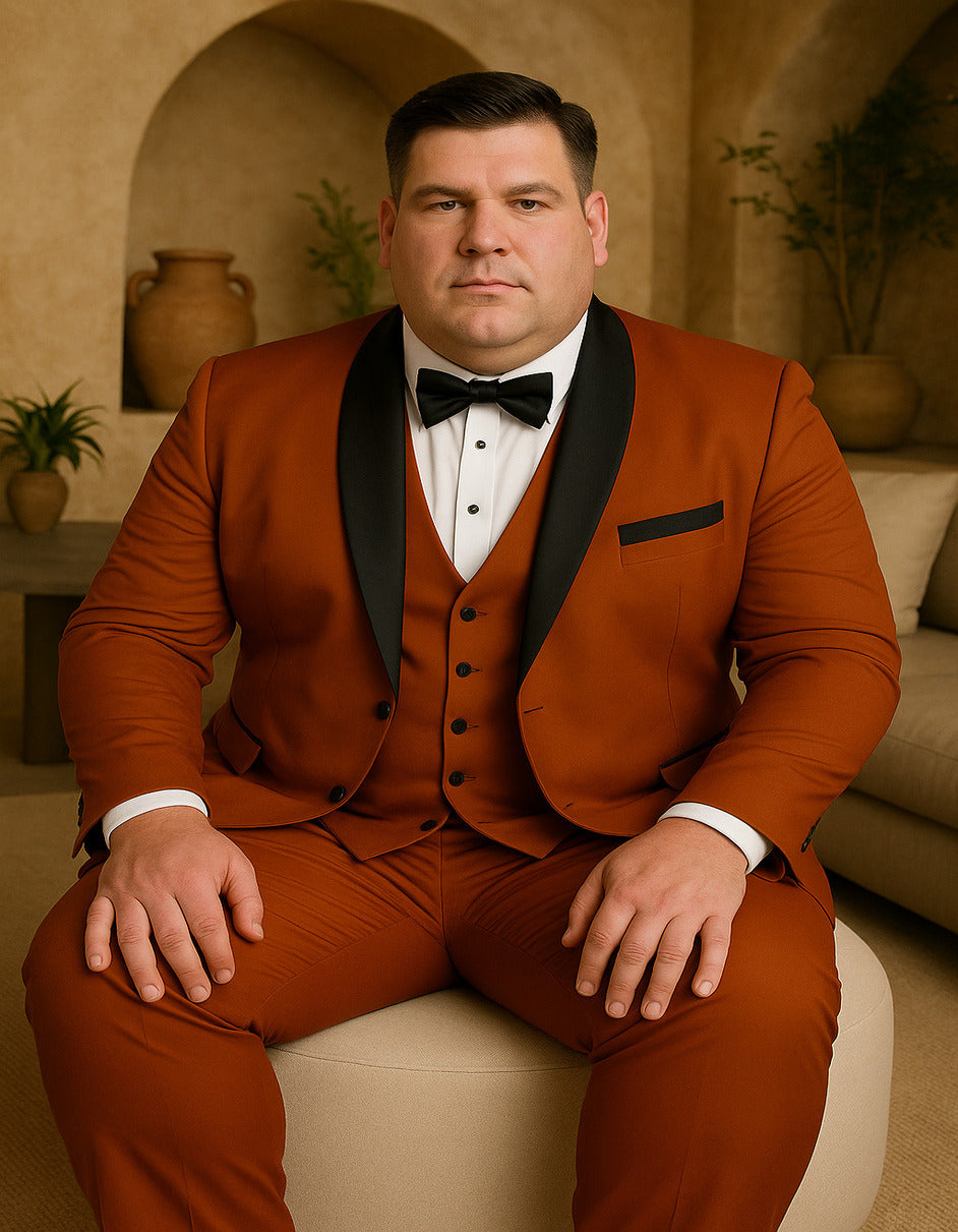 Mens 3-Piece Burnt Orange Tuxedo  Slim Fit Design with Black Satin Lapel - Brick Rustish Color