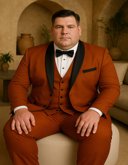 Mens 3-Piece Burnt Orange Tuxedo  Slim Fit Design with Black Satin Lapel - Brick Rustish Color
