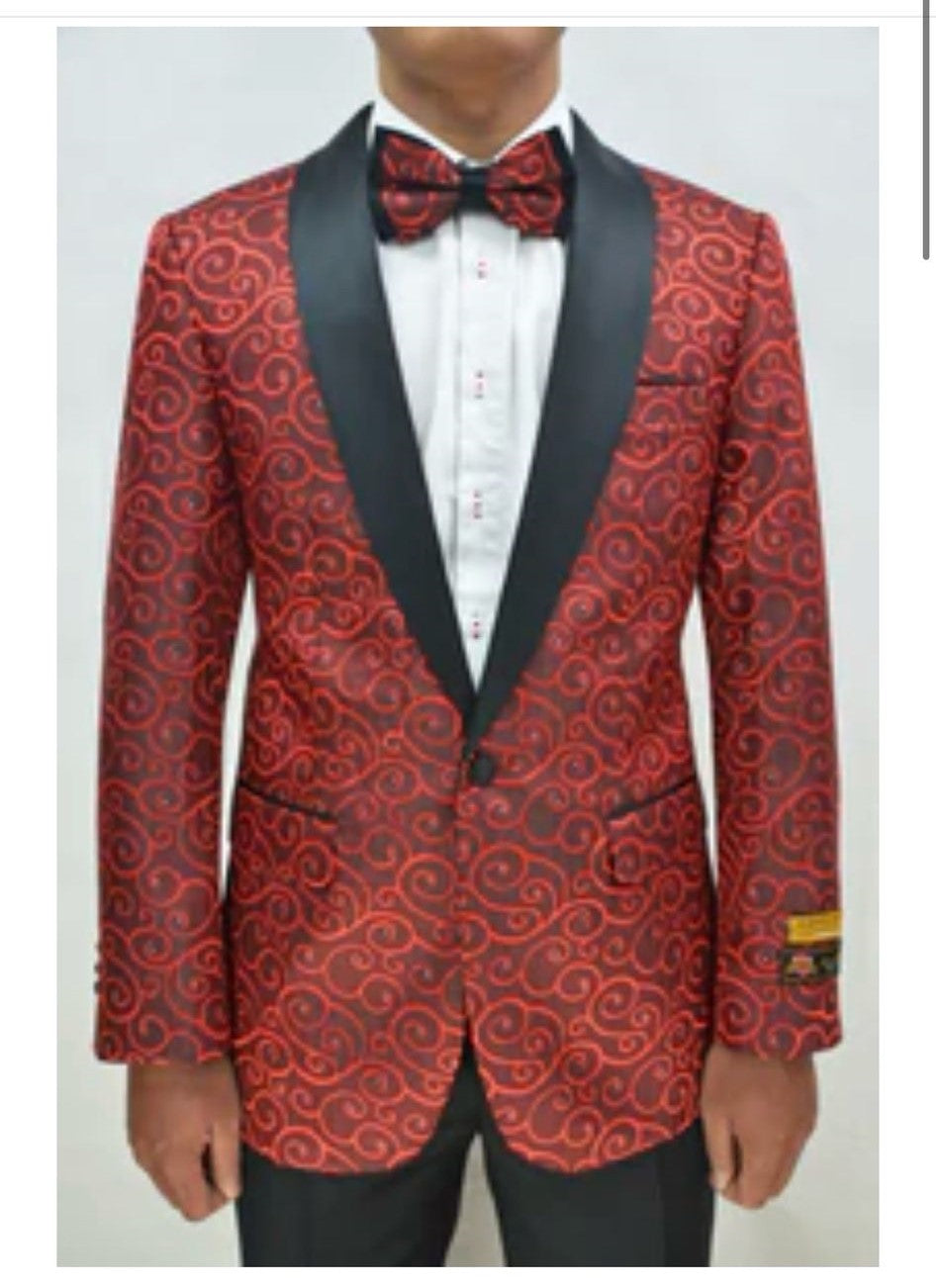 Red and Tuxedo Black Suit  Mens Formal Blazer with Satin Shawl Lapel