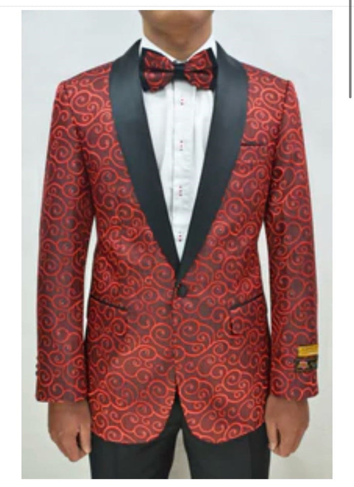 Red and Tuxedo Black Suit  Mens Formal Blazer with Satin Shawl Lapel