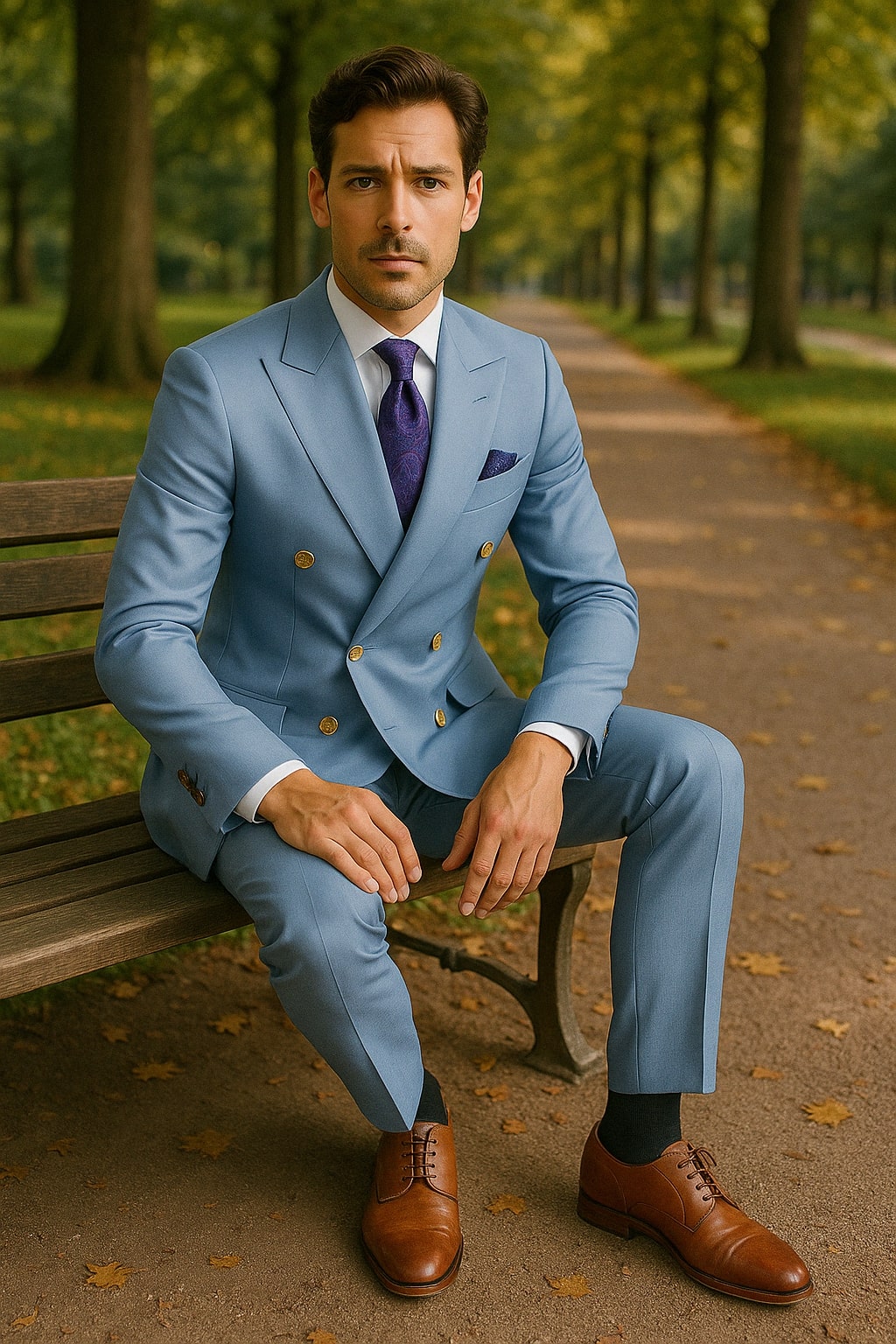 Mens Light Blue Double-Breasted Suit with Gold Buttons  Slim Fit 2-Piece Formal Set in Sky Blue Color