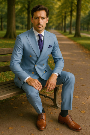 Mens Light Blue Double-Breasted Suit with Gold Buttons  Slim Fit 2-Piece Formal Set in Sky Blue Color