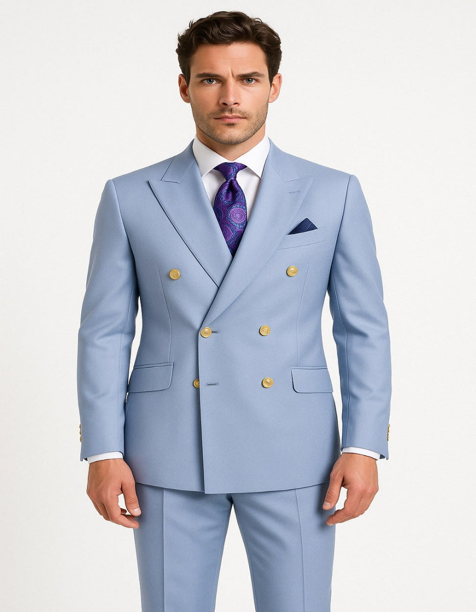 Mens Light Blue Double-Breasted Suit with Gold Buttons  Slim Fit 2-Piece Formal Set in Sky Blue Color
