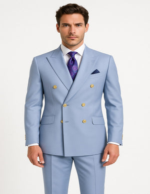 Mens Light Blue Double-Breasted Suit with Gold Buttons  Slim Fit 2-Piece Formal Set in Sky Blue Color