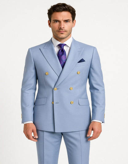 Mens Light Blue Double-Breasted Suit with Gold Buttons  Slim Fit 2-Piece Formal Set in Sky Blue Color