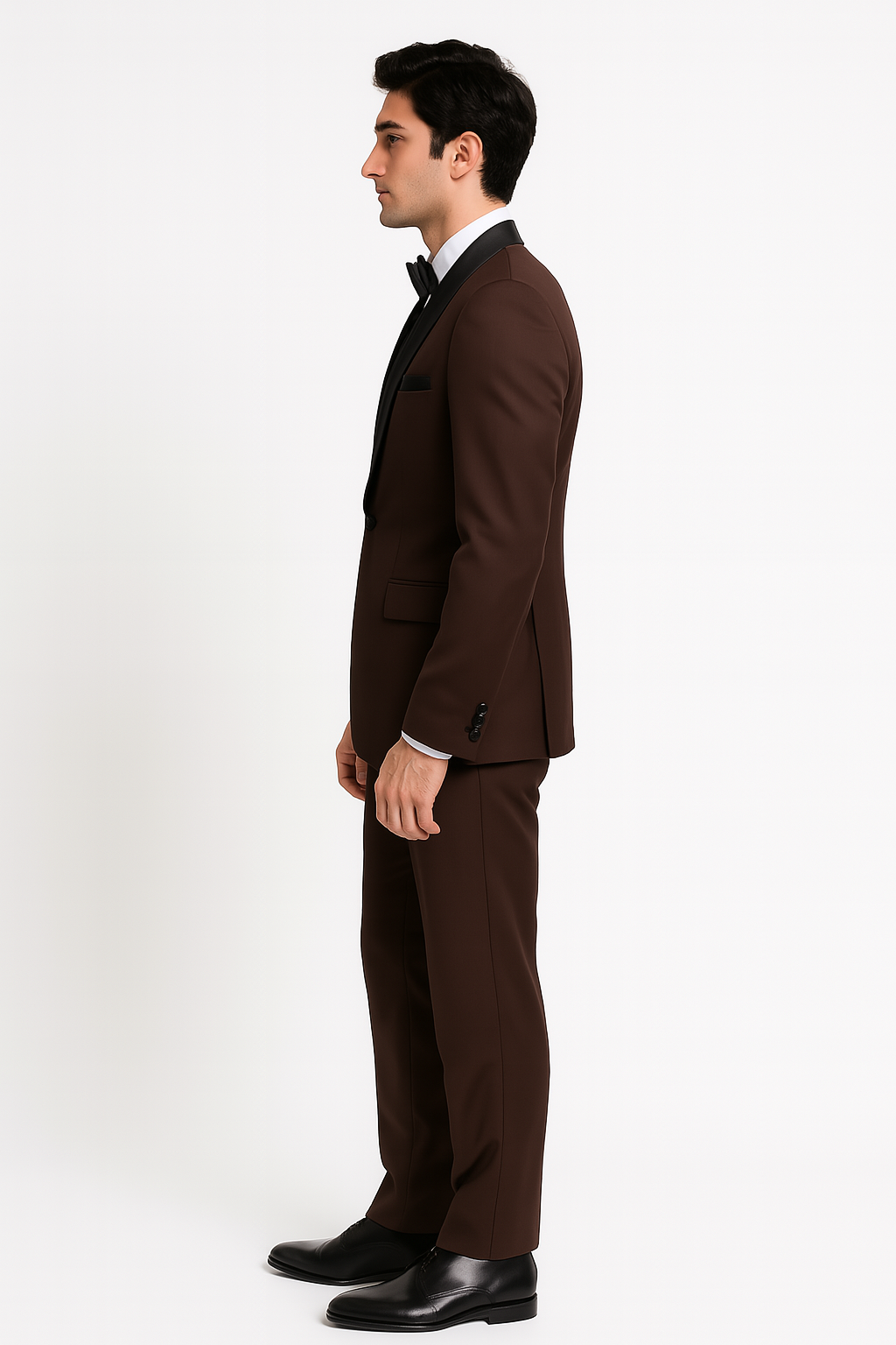 Mens Chocolate Brown Tuxedo with Black Satin Peak Lapel  Formal Wedding and Prom Suit
