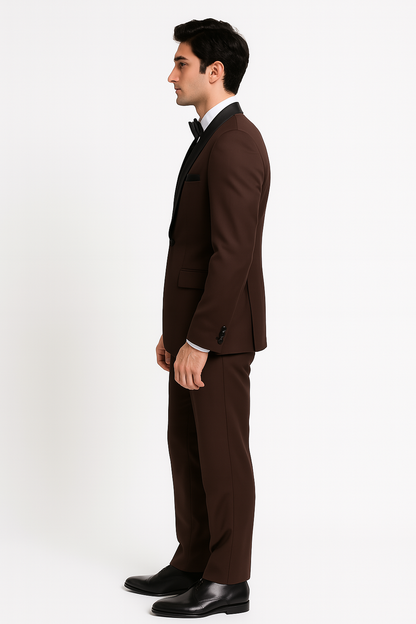 Mens Chocolate Brown Tuxedo with Black Satin Peak Lapel  Formal Wedding and Prom Suit