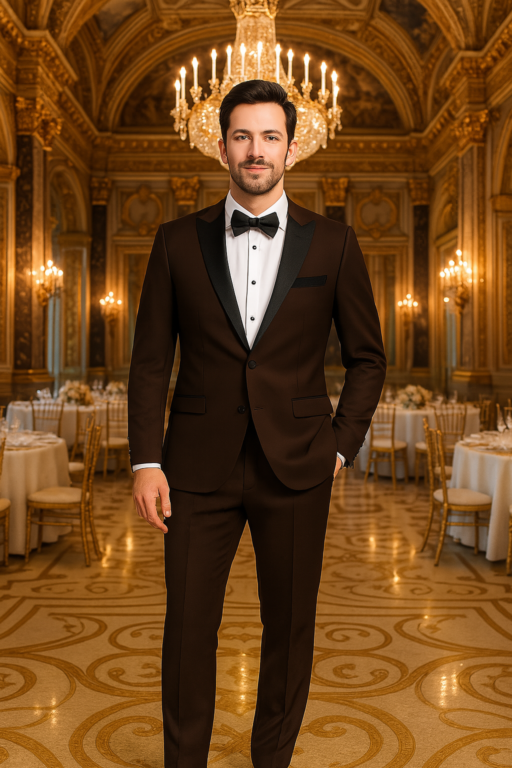 Mens Chocolate Brown Tuxedo with Black Satin Peak Lapel  Formal Wedding and Prom Suit